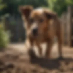 A dog digging energetically in the yard