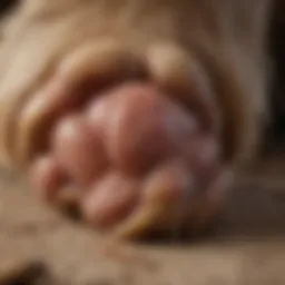 Close-up view of a dog's paw showing signs of injury