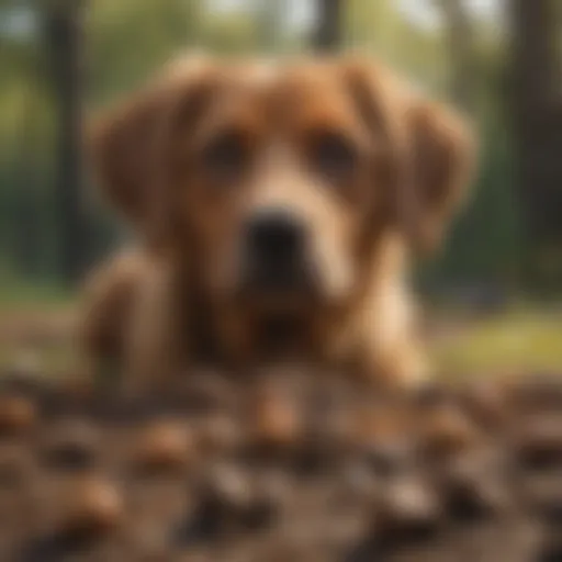 Dog looking curiously at a pile of poop