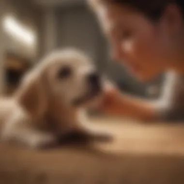 A training session between a puppy and its owner focusing on positive reinforcement.