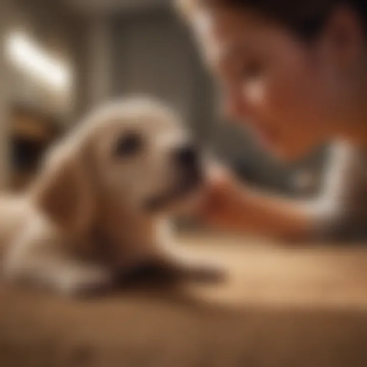 A training session between a puppy and its owner focusing on positive reinforcement.