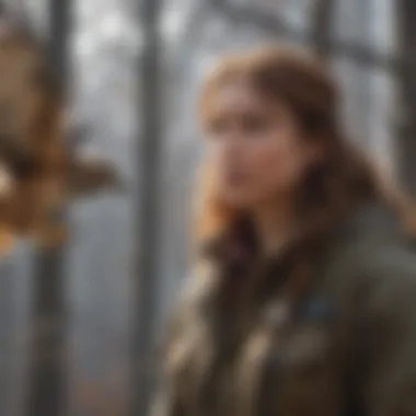 A conservationist studying hawk behavior, depicting the ethical considerations in wildlife conservation efforts.