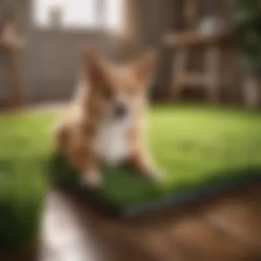 Close-up of a pet happily using a grass pee pee pad indoors, illustrating comfort and ease