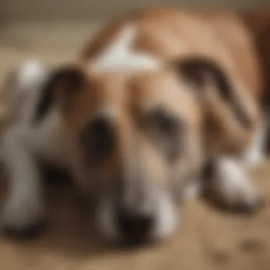 Greyhound displaying signs of discomfort while lying down