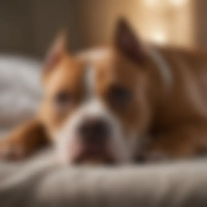 Pitbull resting comfortably on a soft bed