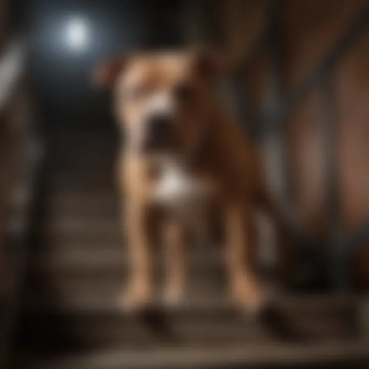 A Pitbull struggling to climb stairs