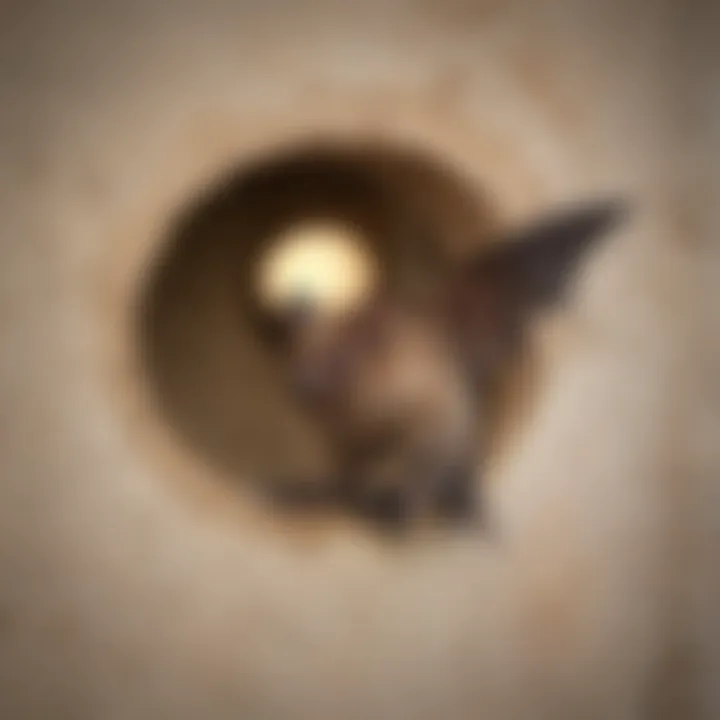 Close-up view of a bat entering a small opening in a house