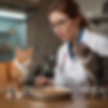 Illustration of a veterinarian discussing dietary options with a cat owner