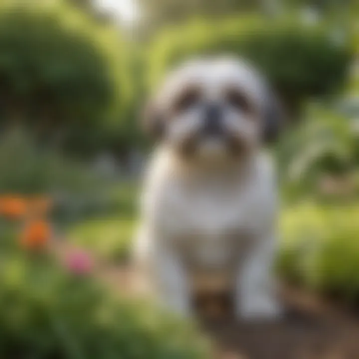 A Shih Tzu playing in a lush garden, showcasing its vibrant energy