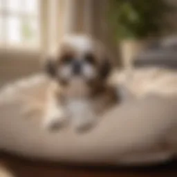 A Shih Tzu resting comfortably on a plush dog bed