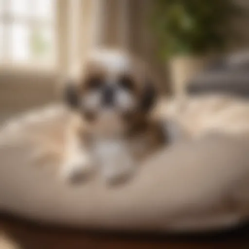 A Shih Tzu resting comfortably on a plush dog bed