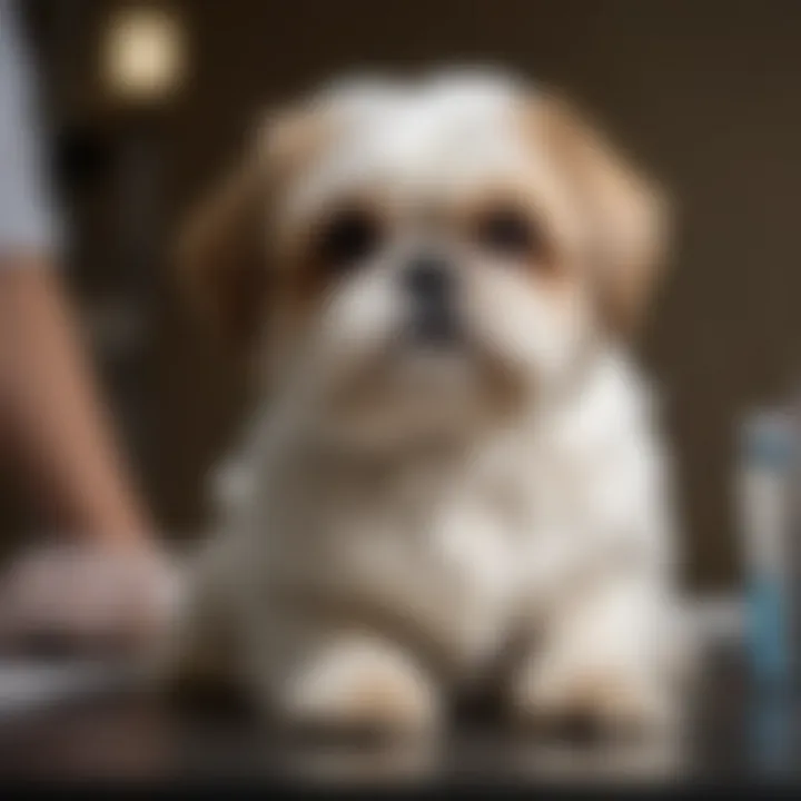 A veterinarian examining a Shih Tzu during a routine health check