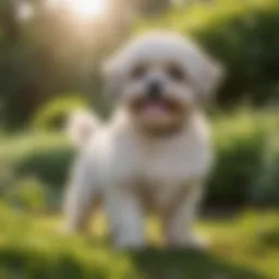 A happy Shih Poo enjoying playtime in a sunny garden