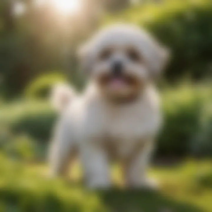 A happy Shih Poo enjoying playtime in a sunny garden