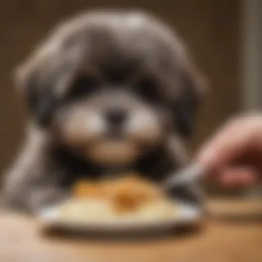 A Shih Poo receiving a meal from its owner, emphasizing diet