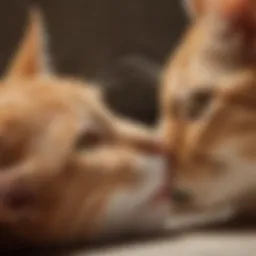 A close-up of a cat playfully nipping at another cat's ear, showcasing affection