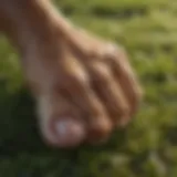 Close-up of a dog's paw on grass, indicating discomfort