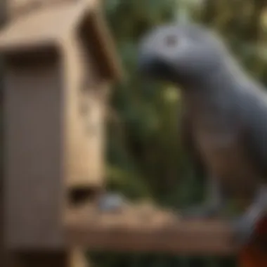 An African Grey parrot inspecting a nest box in a natural setting.