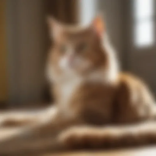 A serene non-shedding cat lounging in a sunlit room, showcasing its unique coat texture