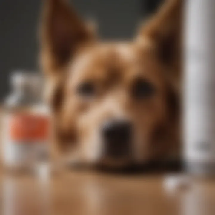 A pet owner reading a label on an OTC medication bottle for their dog.