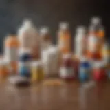 A variety of OTC medications for dogs displayed on a table, showcasing their packaging.