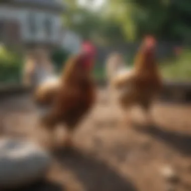 A vibrant backyard setting featuring Plymouth Rock chickens roaming freely