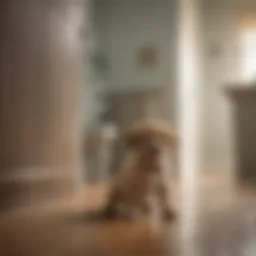 A puppy looking confused inside a house.