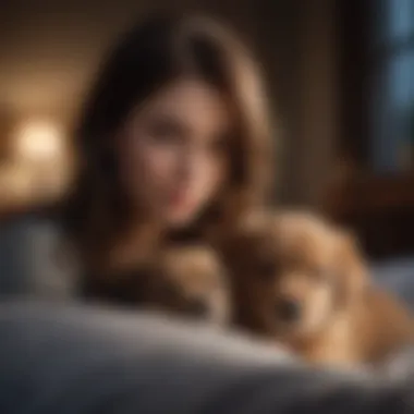 A puppy and owner in a cozy nighttime setting