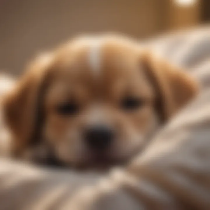 A cozy puppy sleeping peacefully in a warm bed.