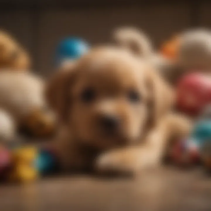 Puppy surrounded by toys, settling down for a nap