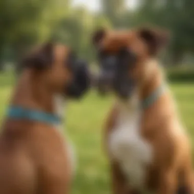 A happy Boxer owner engaging with their pet in a park