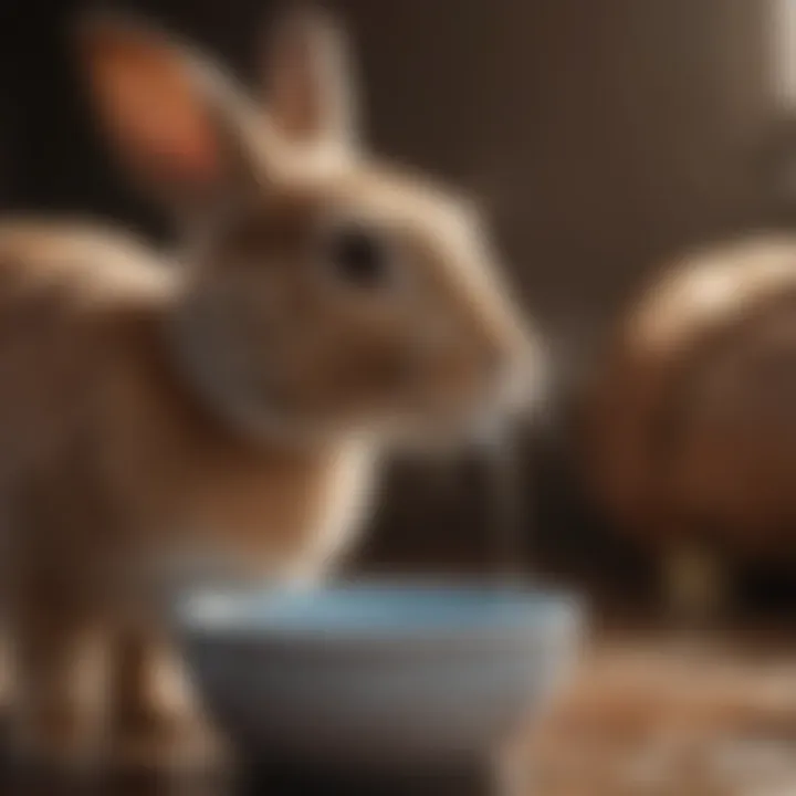 A rabbit drinking water from a bowl, emphasizing hydration
