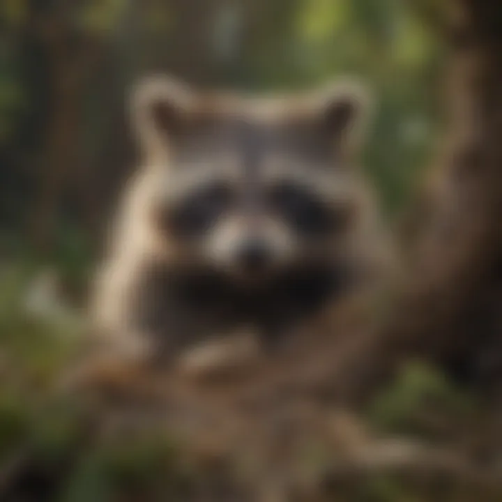 A close-up of a raccoon constructing its nest with various materials.