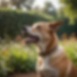 Dog wearing a flea collar in a sunny garden