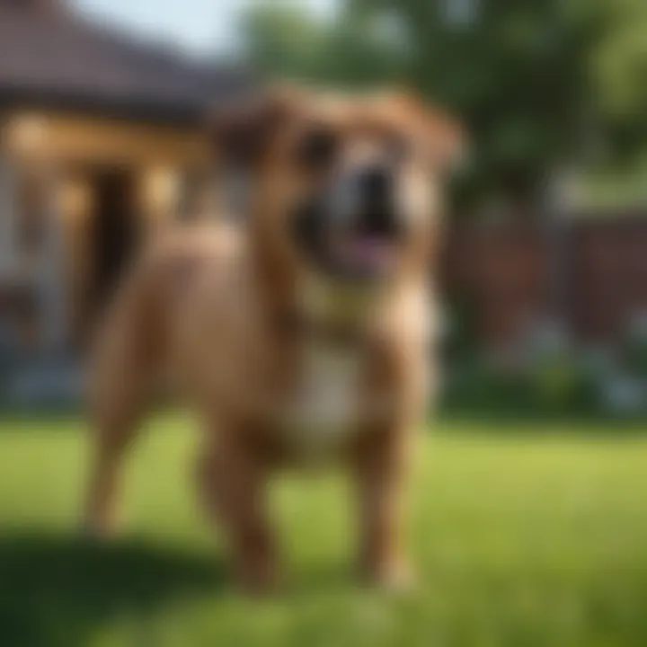 A happy dog playing on a freshly treated lawn.