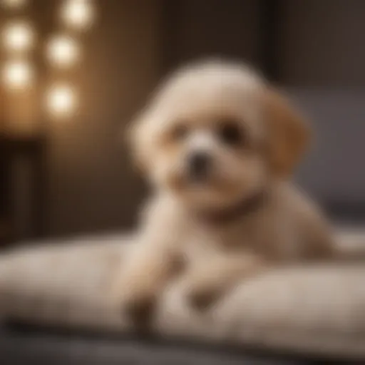 A Maltipoo sitting gracefully on a soft cushion