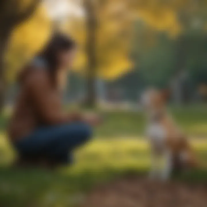 A dog owner observing their pet in a park