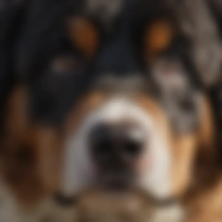 Close-up of a Bernese Doodle's expressive eyes and distinctive markings