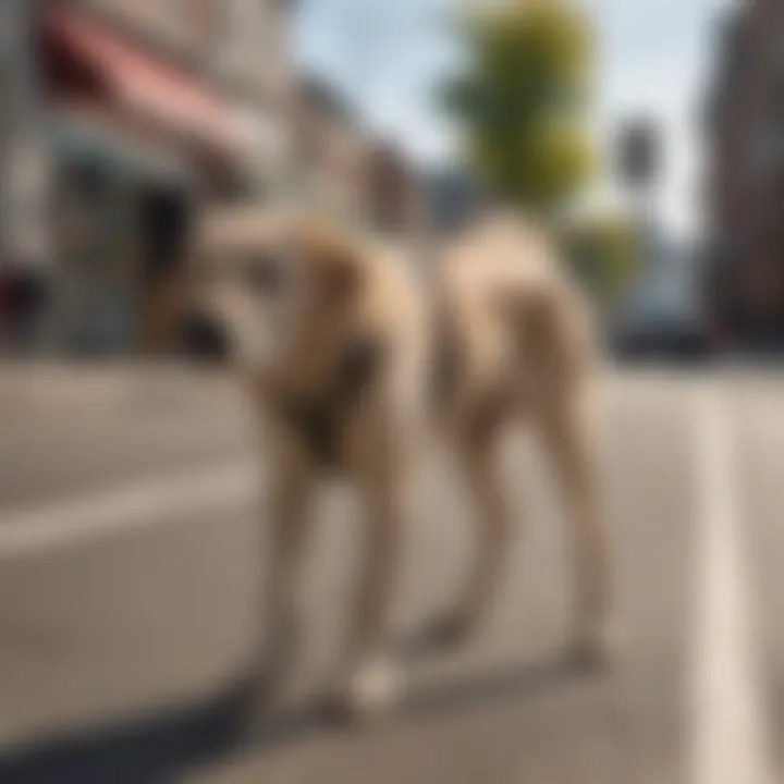 A guide dog leading a visually impaired individual across a busy street, emphasizing assistance role.