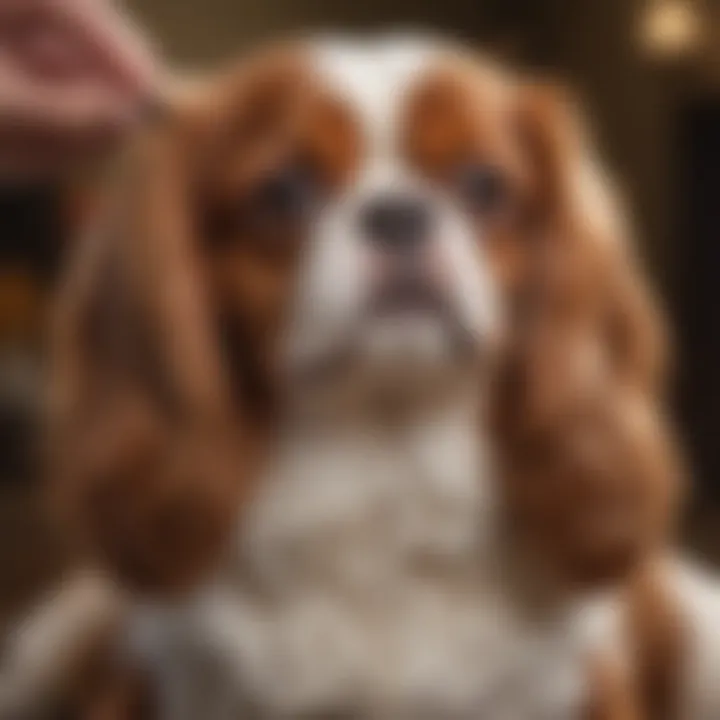 Cavalier King Charles Spaniel being groomed