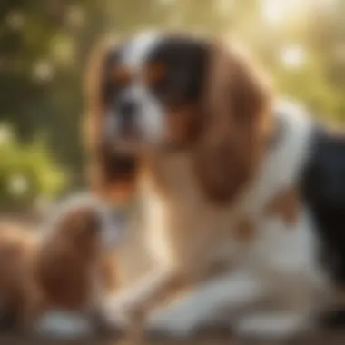 A Cavalier King Charles Spaniel playing with a child