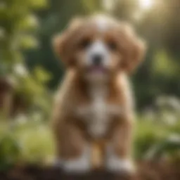 Cavapoo puppy playing in a garden