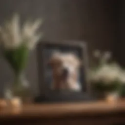 A serene pet memorial setup with flowers and a photo frame