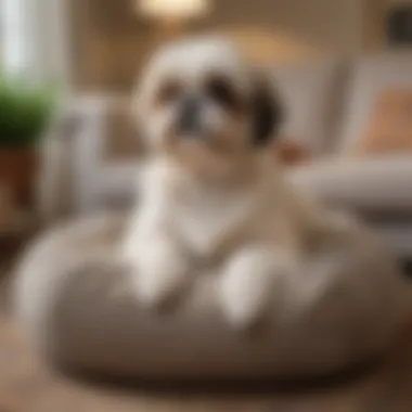 A cozy living room setting with a Shih Tzu resting on a dog bed