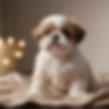 A Shih Tzu puppy with a playful expression sitting on a soft blanket