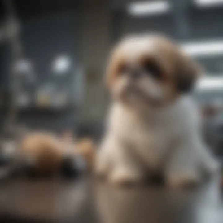 A veterinarian examining a Shih Tzu in a clinical setting