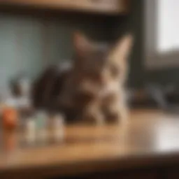 A selection of topical flea medications for cats displayed on a kitchen counter