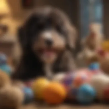 A Bernedoodle surrounded by toys showcasing its playful side