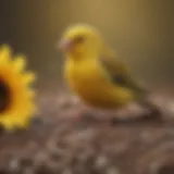 Close-up of a yellow finch perched on a sunflower seed