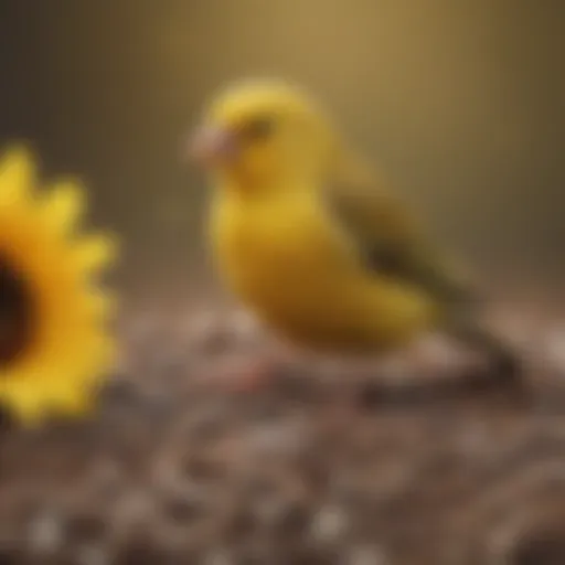 Close-up of a yellow finch perched on a sunflower seed